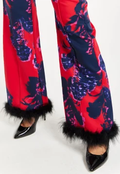 Women's Floral Print Tailored Trousers with Fluffy Hem - High Rise, Zip-Front, Wide Leg, Perfect for Nights Out