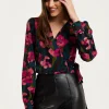 Women's Floral Print Wrap Top in Green and Pink with Long Sleeves, Deep V-Neckline, and Matching Tie Waist