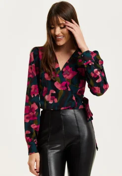 Women's Floral Print Wrap Top in Green and Pink with Long Sleeves, Deep V-Neckline, and Matching Tie Waist