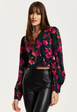 Women's Floral Print Wrap Top in Green and Pink with Long Sleeves, Deep V-Neckline, and Matching Tie Waist