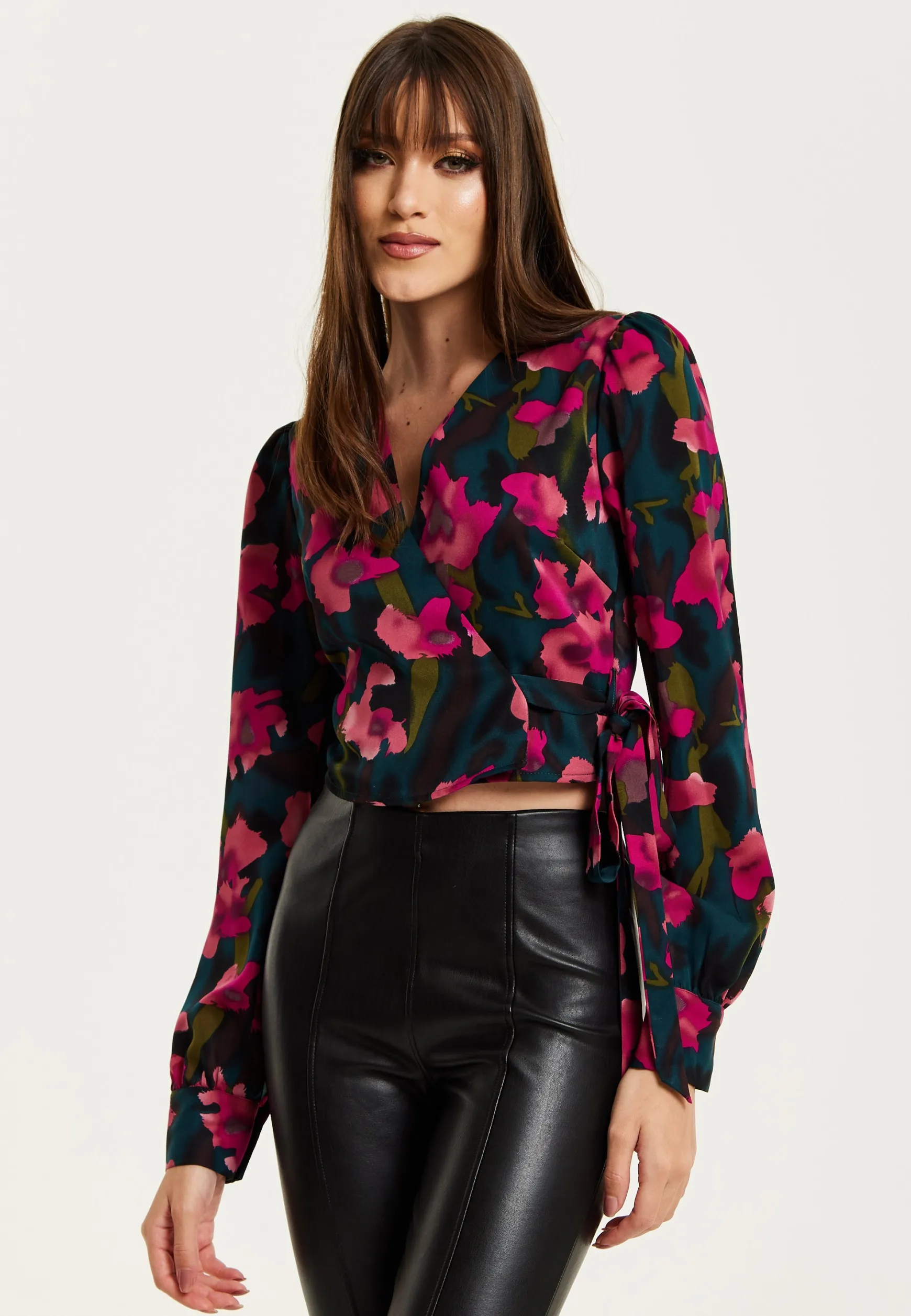 Women's Floral Print Wrap Top in Green and Pink with Long Sleeves, Deep V-Neckline, and Matching Tie Waist