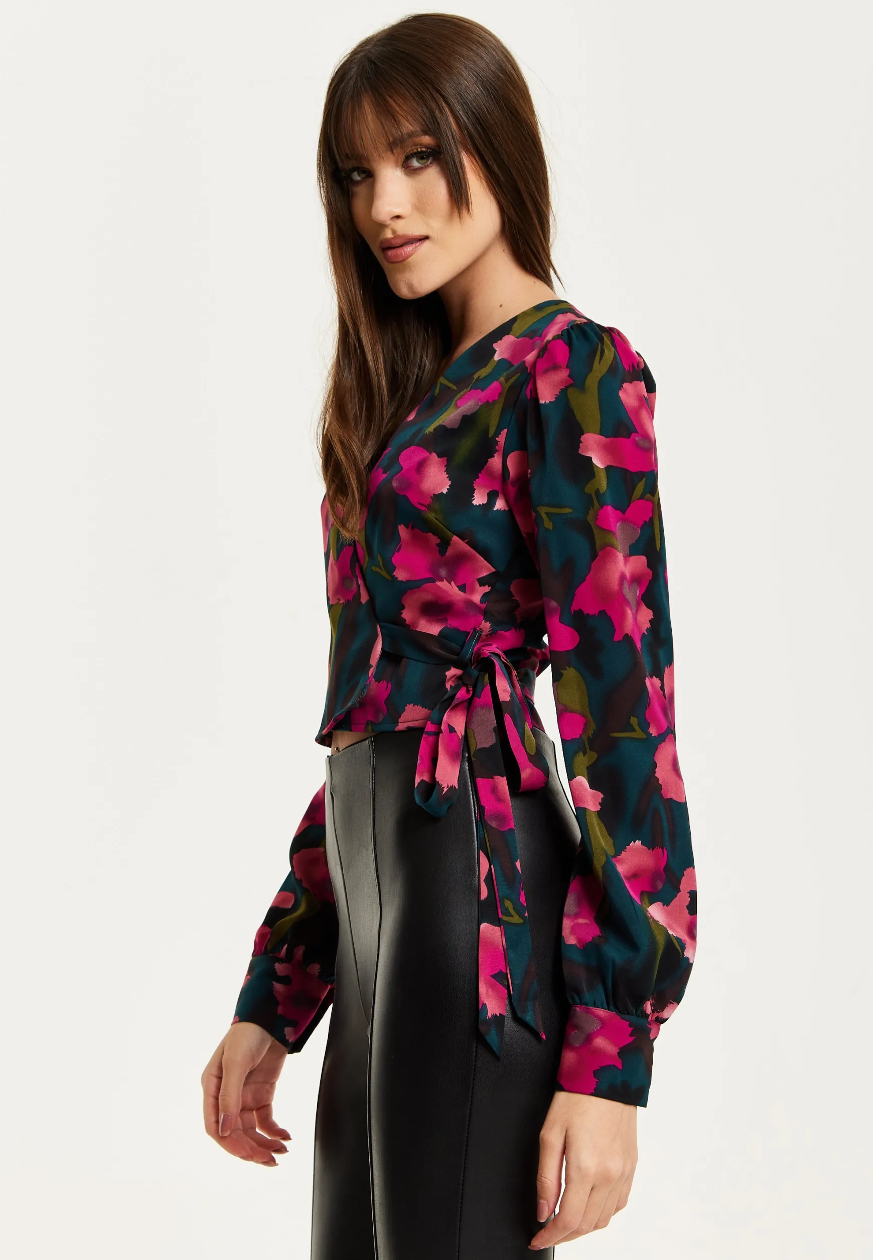 Women's Floral Print Wrap Top in Green and Pink with Long Sleeves, Deep V-Neckline, and Matching Tie Waist