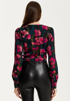 Women's Floral Print Wrap Top in Green and Pink with Long Sleeves, Deep V-Neckline, and Matching Tie Waist