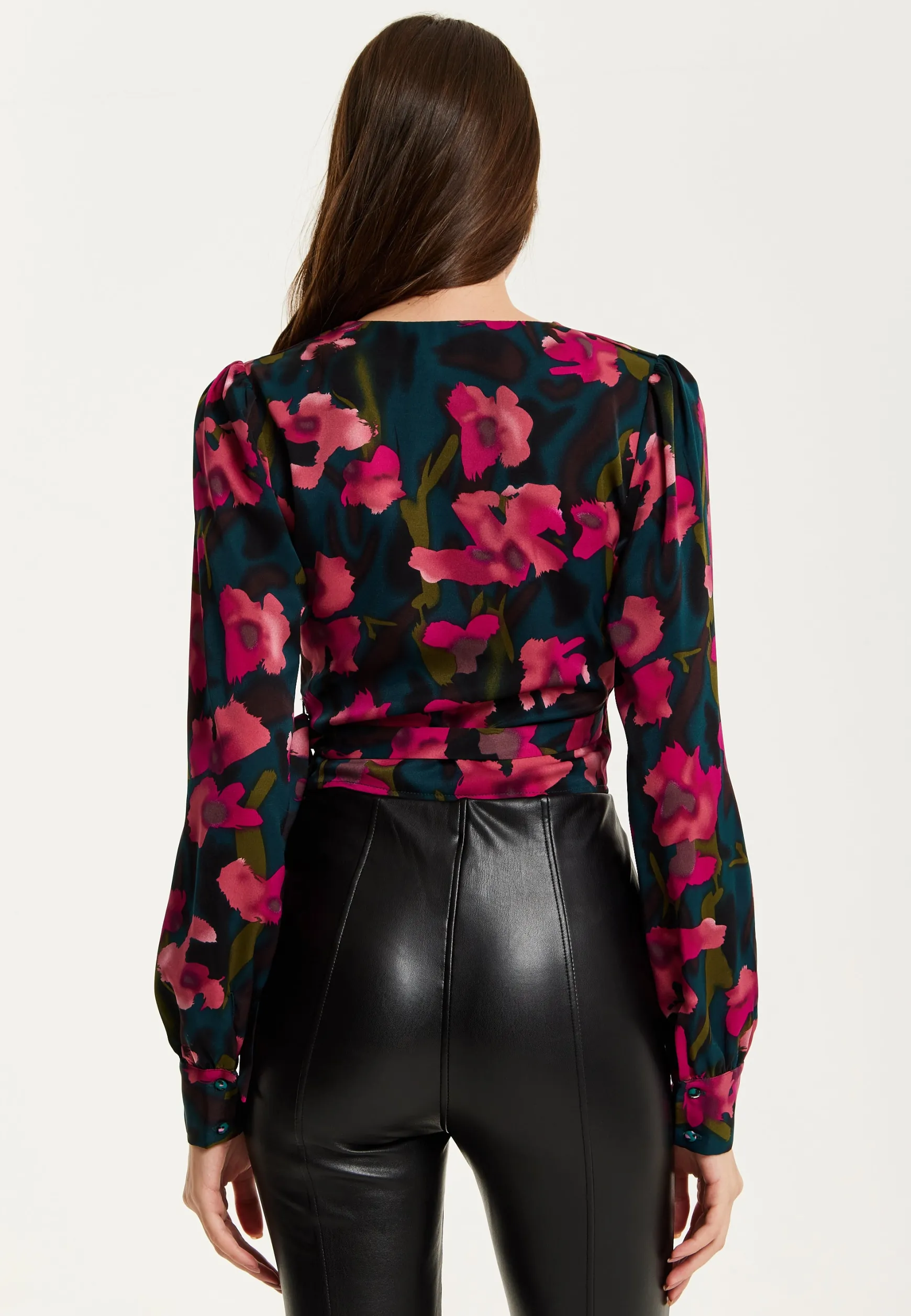 Women's Floral Print Wrap Top in Green and Pink with Long Sleeves, Deep V-Neckline, and Matching Tie Waist