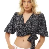 Women's Floral Wrap Top in Black - V Neck, Balloon Sleeves, Waist Tie, Crop Length, Perfect for Beach Holidays & Festivals