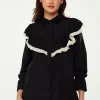 Women's Frill Detail Shirt in Black and White with Collar, Frilled Sleeves, Elastic Cuffs, and Regular Fit