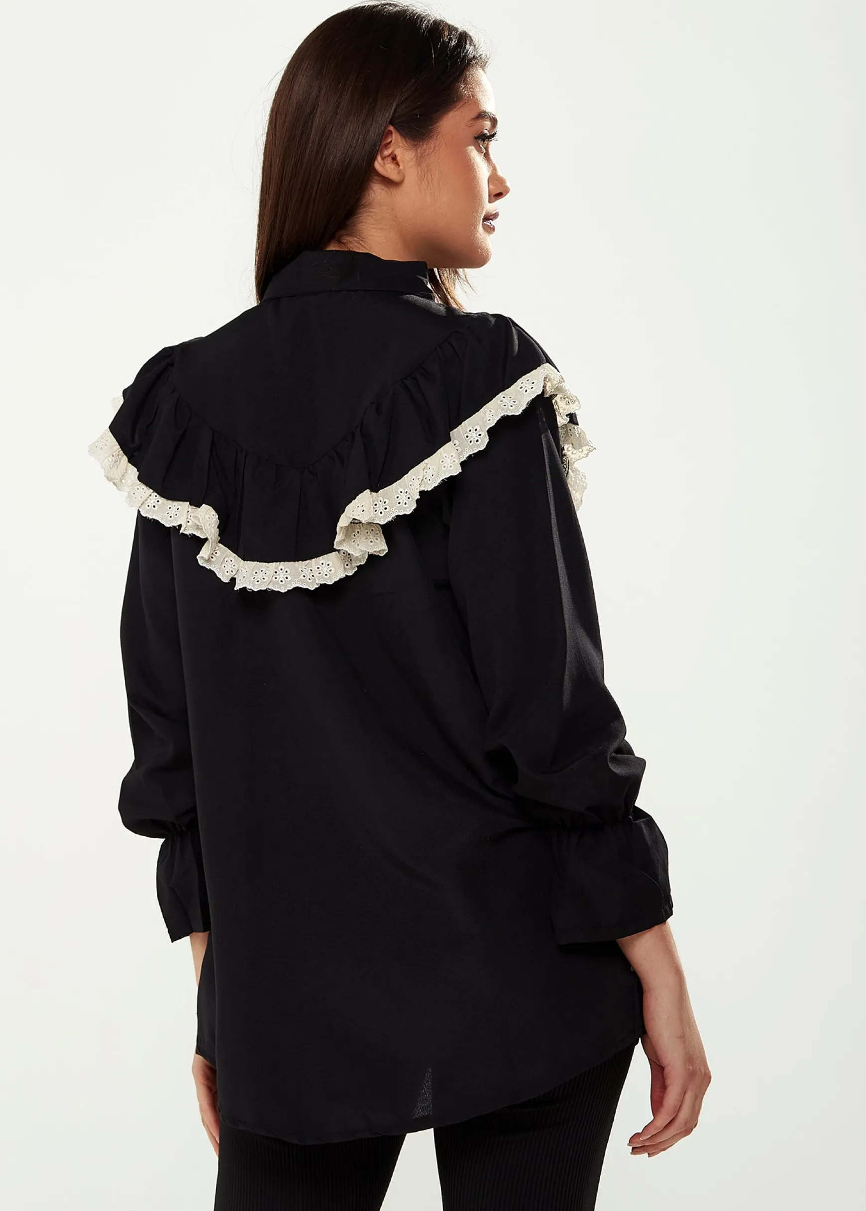 Women's Frill Detail Shirt in Black and White with Collar, Frilled Sleeves, Elastic Cuffs, and Regular Fit
