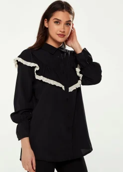 Women's Frill Detail Shirt in Black and White with Collar, Frilled Sleeves, Elastic Cuffs, and Regular Fit