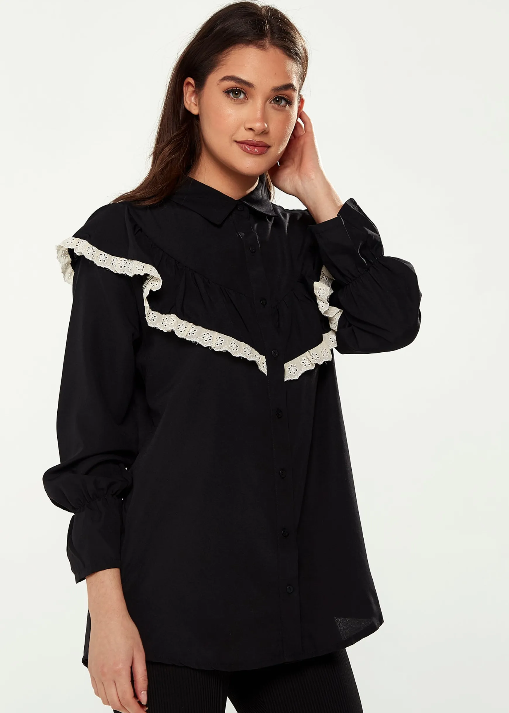 Women's Frill Detail Shirt in Black and White with Collar, Frilled Sleeves, Elastic Cuffs, and Regular Fit