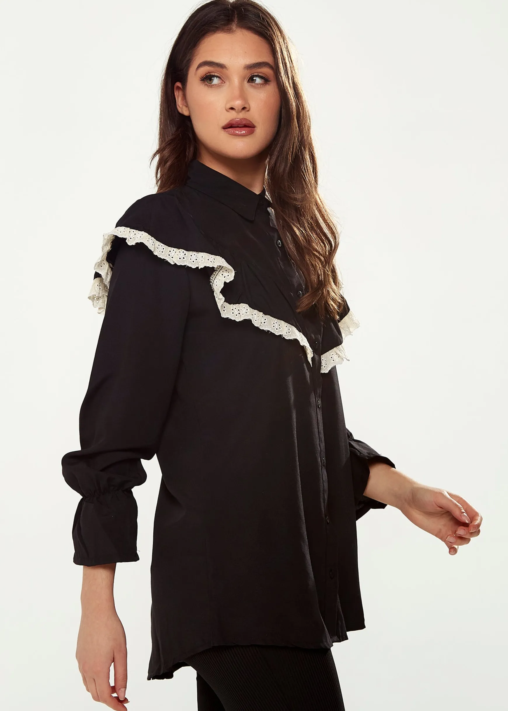 Women's Frill Detail Shirt in Black and White with Collar, Frilled Sleeves, Elastic Cuffs, and Regular Fit