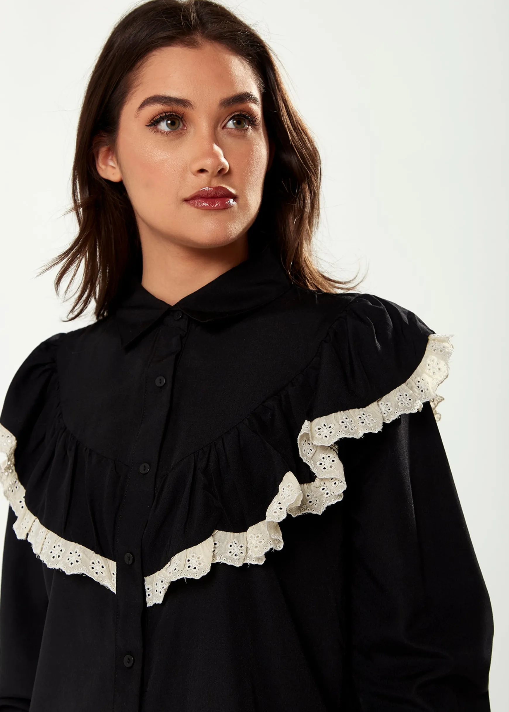 Women's Frill Detail Shirt in Black and White with Collar, Frilled Sleeves, Elastic Cuffs, and Regular Fit