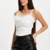 Women's Fur Detail Bandeau Top with Sweetheart Neckline and Cami Style Straps, Slim Fit in Stylish Design.