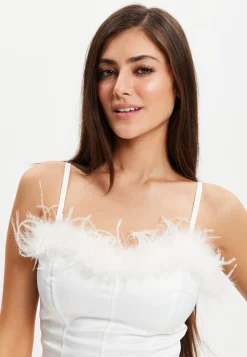 Women's Fur Detail Bandeau Top with Sweetheart Neckline and Cami Style Straps, Slim Fit in Stylish Design.