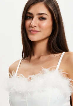 Women's Fur Detail Bandeau Top with Sweetheart Neckline and Cami Style Straps, Slim Fit in Stylish Design.