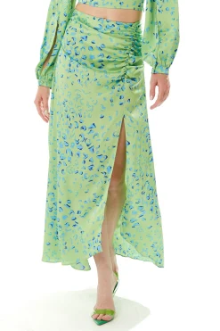Women's Green Animal Print Maxi Skirt with Gathered Detail and Front Slit - Liquorish