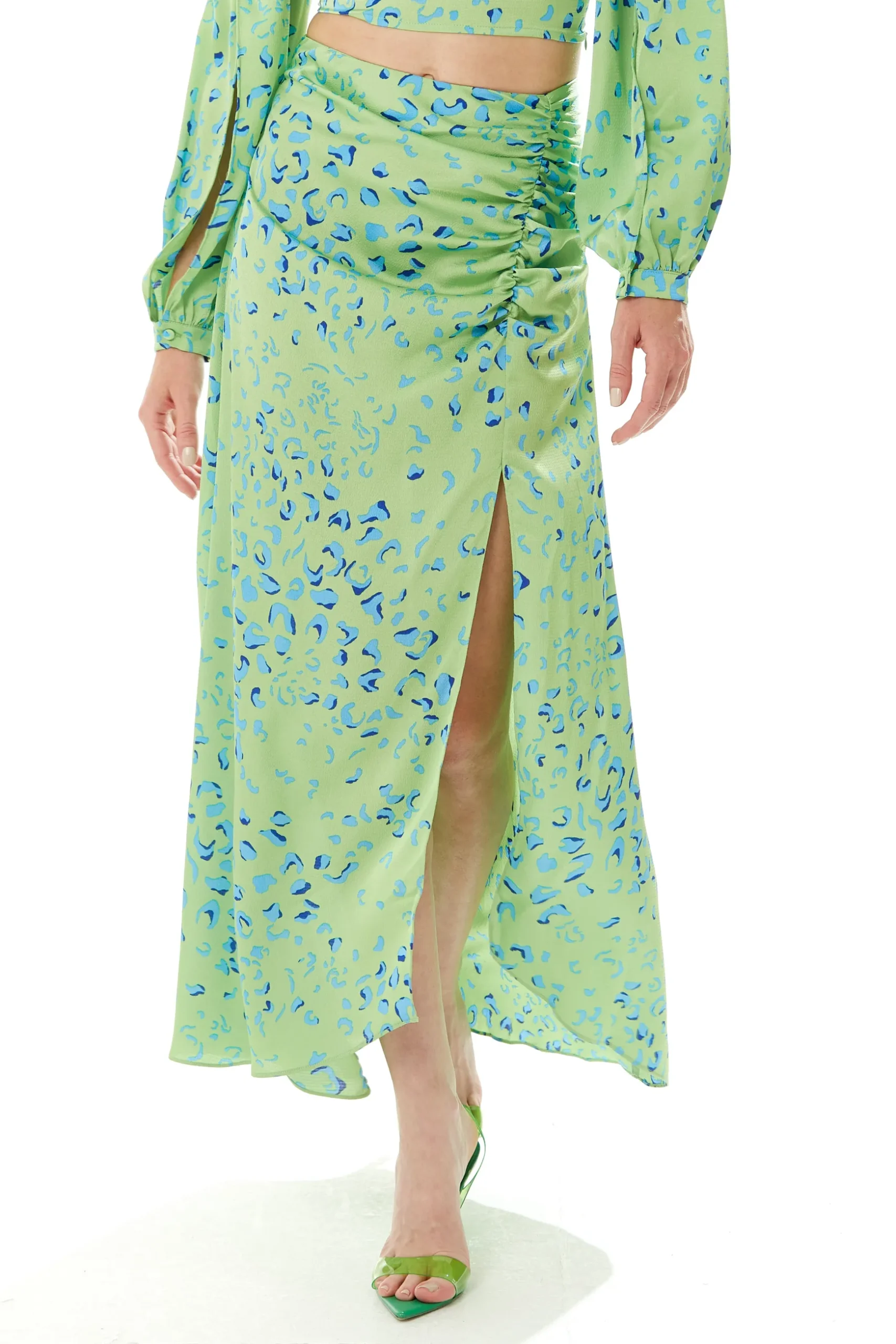 Women's Green Animal Print Maxi Skirt with Gathered Detail and Front Slit - Liquorish
