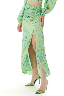 Women's Green Animal Print Maxi Skirt with Gathered Detail and Front Slit - Liquorish