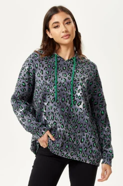 Women's Green Animal Print Hoodie Sweatshirt in Grey with Long Sleeves, Drop Shoulders, and Relaxed Fit