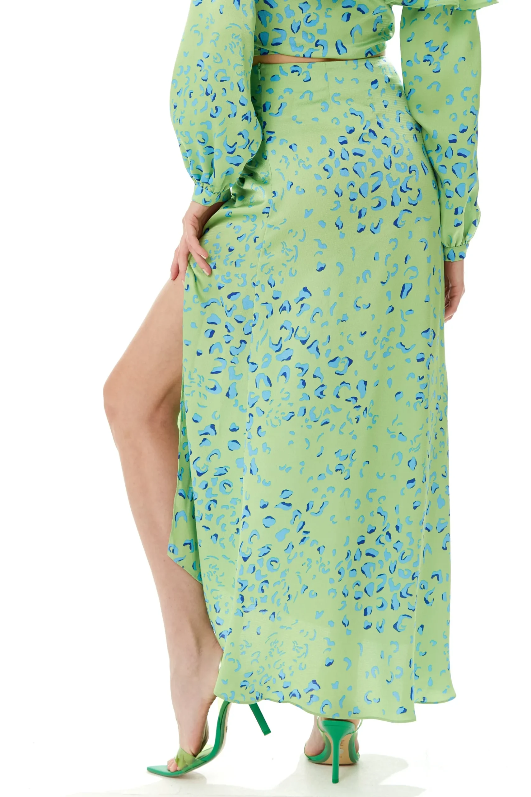 Women's Green Animal Print Maxi Skirt with Gathered Detail and Front Slit - Liquorish