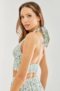 Women's Green Floral Halterneck Crop Top - Co-ord Set, Open Back, Regular Fit, Perfect for Summer