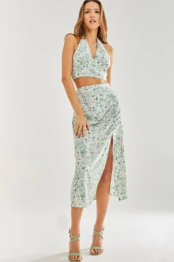 Women's Green Floral Midi Skirt with Front Slit - Perfect for Summer Holidays, Regular Fit - Liquorish