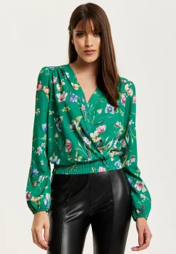 Women's Green Floral Print Long Sleeve Wrap Top with Crossover V Neck and Elasticated Waist
