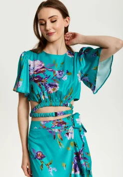 Women's Green Floral Print Crop Top with Tie Waist, Short Sleeves, Crop Fit, Model wears UK 8/ EU 36/ US 4.