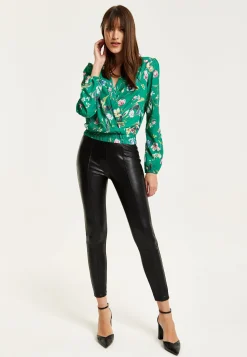 Women's Green Floral Print Long Sleeve Wrap Top with Crossover V Neck and Elasticated Waist