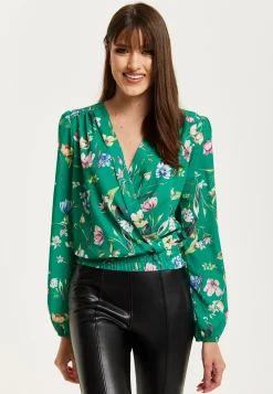 Women's Green Floral Print Long Sleeve Wrap Top with Crossover V Neck and Elasticated Waist