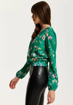 Women's Green Floral Print Long Sleeve Wrap Top with Crossover V Neck and Elasticated Waist