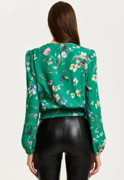 Women's Green Floral Print Long Sleeve Wrap Top with Crossover V Neck and Elasticated Waist