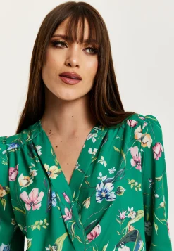 Women's Green Floral Print Long Sleeve Wrap Top with Crossover V Neck and Elasticated Waist