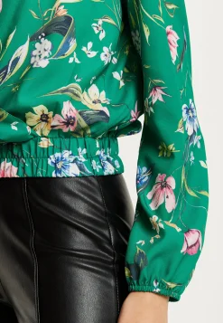 Women's Green Floral Print Long Sleeve Wrap Top with Crossover V Neck and Elasticated Waist