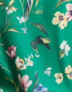 Women's Green Floral Print Long Sleeve Wrap Top with Crossover V Neck and Elasticated Waist