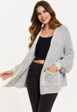 Women's Grey Chunky Knit Cardigan with Pockets, Open-Front Design and Contrast Trim, Liquorish