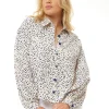 Women's Heart Print Shirt in Cream - Navy hearts, button-up front, heart-shaped buttons, collar, long sleeves, regular fit.