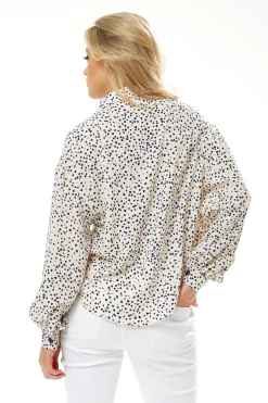 Women's Heart Print Shirt in Cream - Navy hearts, button-up front, heart-shaped buttons, collar, long sleeves, regular fit.
