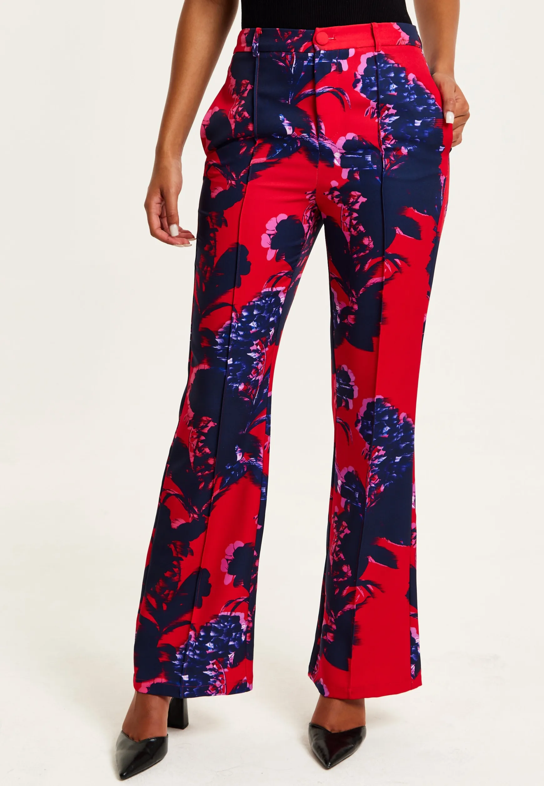 Women's High Rise Wide Leg Red Floral Print Trousers - Part of Co-Ord Set, Zip-Front Fastening, Liquorish