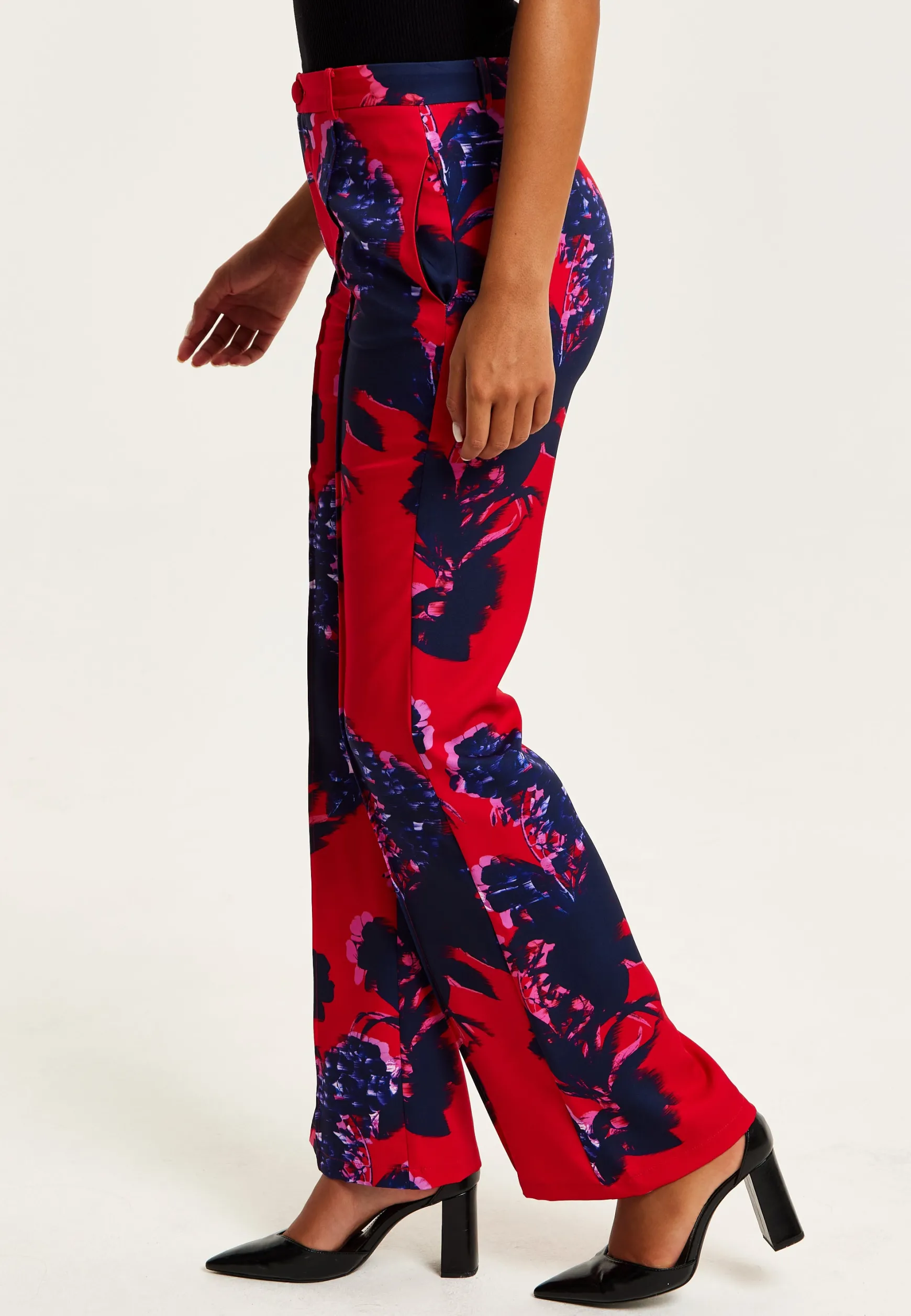Women's High Rise Wide Leg Red Floral Print Trousers - Part of Co-Ord Set, Zip-Front Fastening, Liquorish