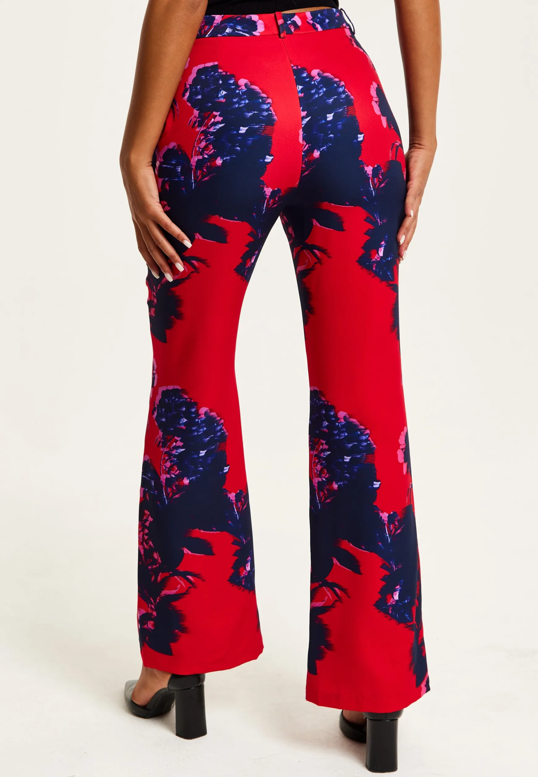 Women's High Rise Wide Leg Red Floral Print Trousers - Part of Co-Ord Set, Zip-Front Fastening, Liquorish