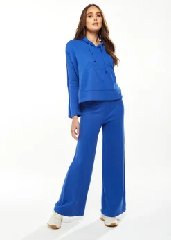 Women's Hooded Sweatshirt with Front Pocket in Blue - Oversized Fit, Drawstring Hood, Side Slits, Kangaroo Pocket