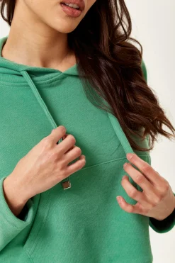 Women's Hooded Sweatshirt with Front Pocket and Drawstring Detail in Green - Casual Comfort with Adjustable Fit