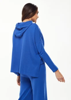 Women's Hooded Sweatshirt with Front Pocket in Blue - Oversized Fit, Drawstring Hood, Side Slits, Kangaroo Pocket
