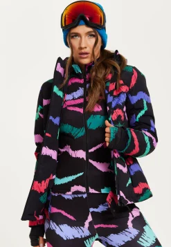 Women’s Jacket in Black Abstract Print with Thumbhole Cuffs and Adjustable Toggle Collar by Liquorish