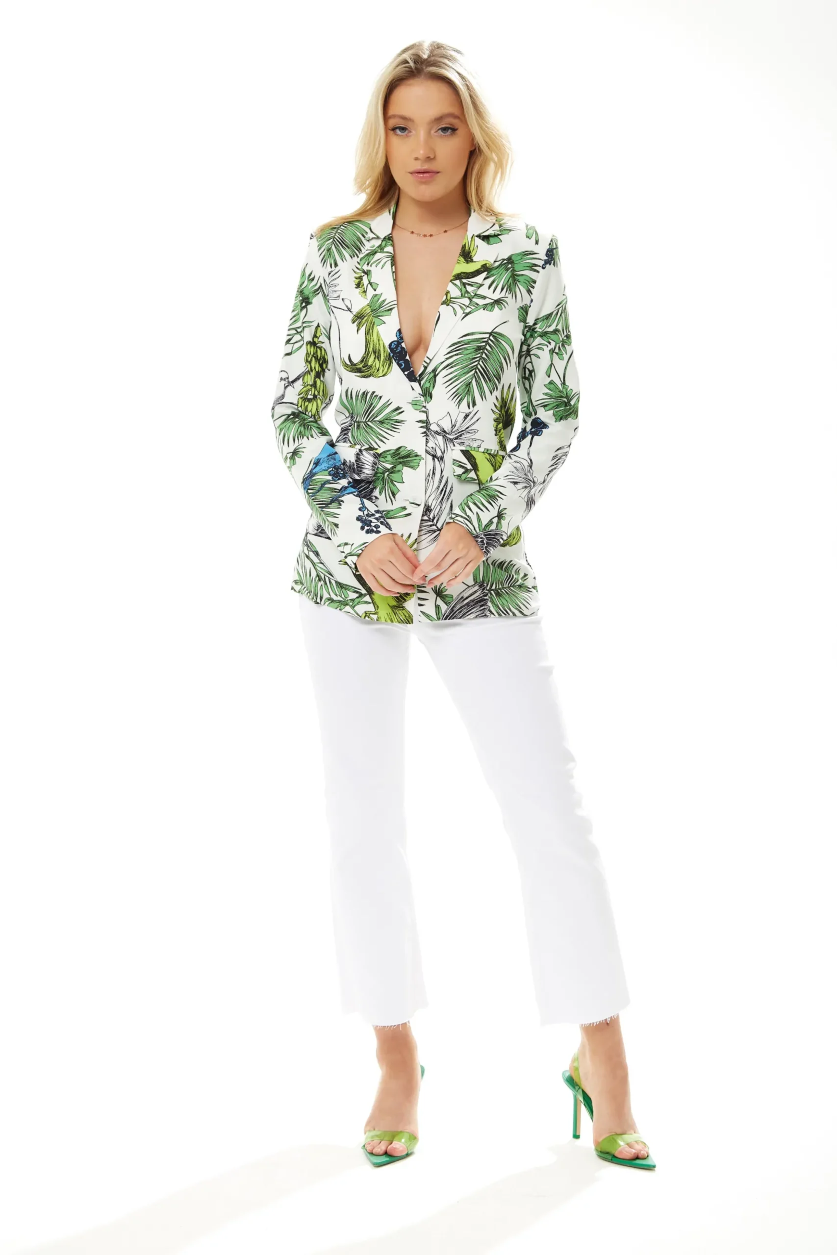 Women's Jacket with Padded Shoulders, Relaxed Fit, Floral Print in White - Liquorish