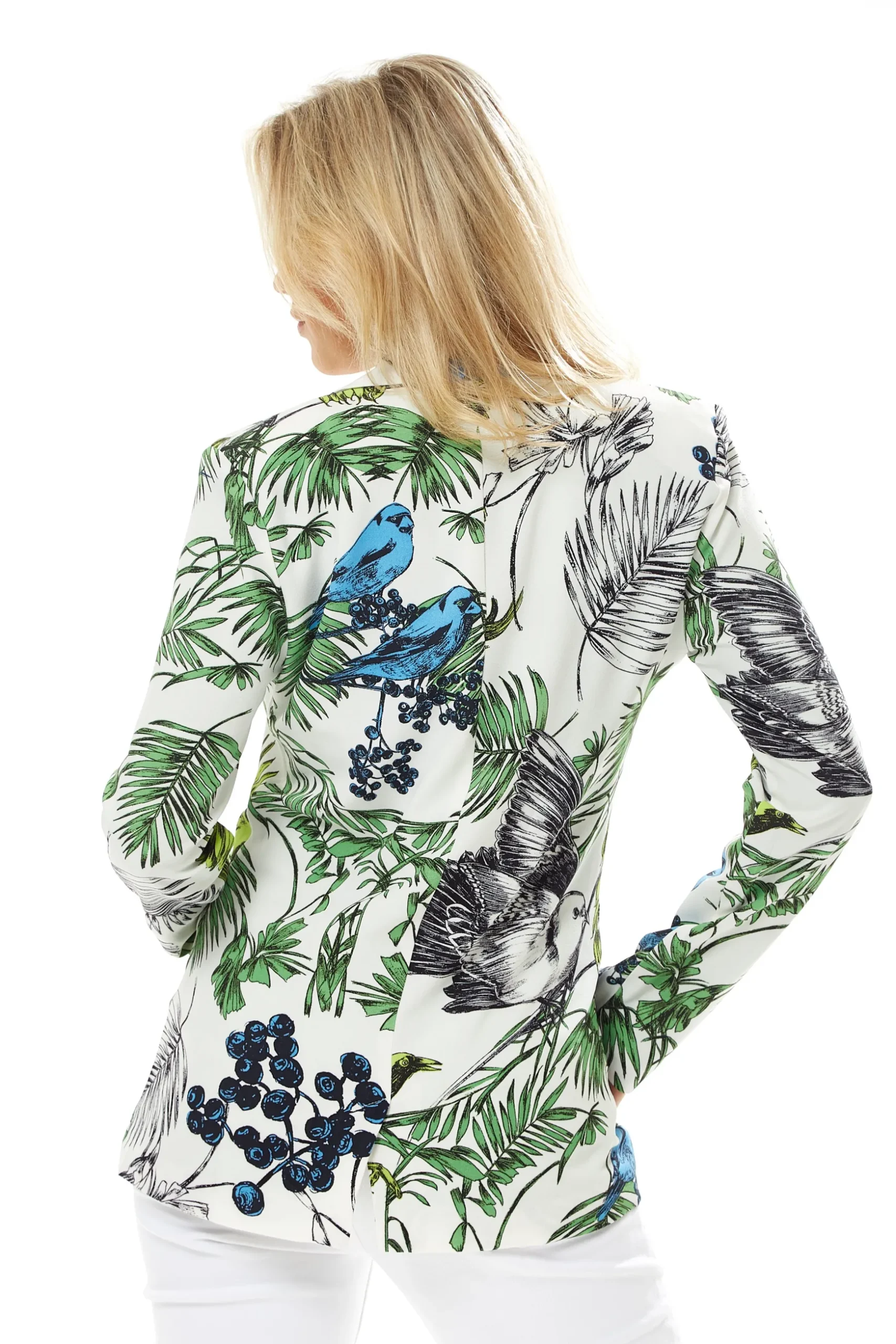 Women's Jacket with Padded Shoulders, Relaxed Fit, Floral Print in White - Liquorish