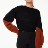 Women's Jumper in Black with Brown Contrast Balloon Sleeves, Cropped Length - Liquorish