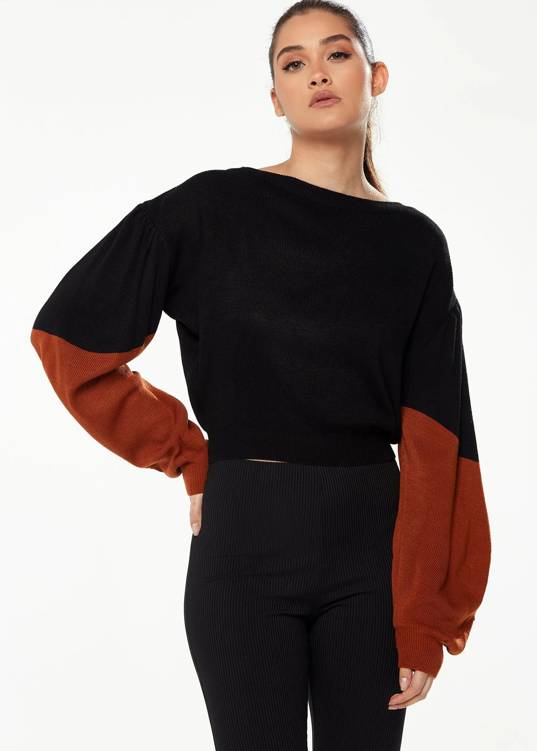 Women's Jumper in Black with Brown Contrast Balloon Sleeves, Cropped Length - Liquorish