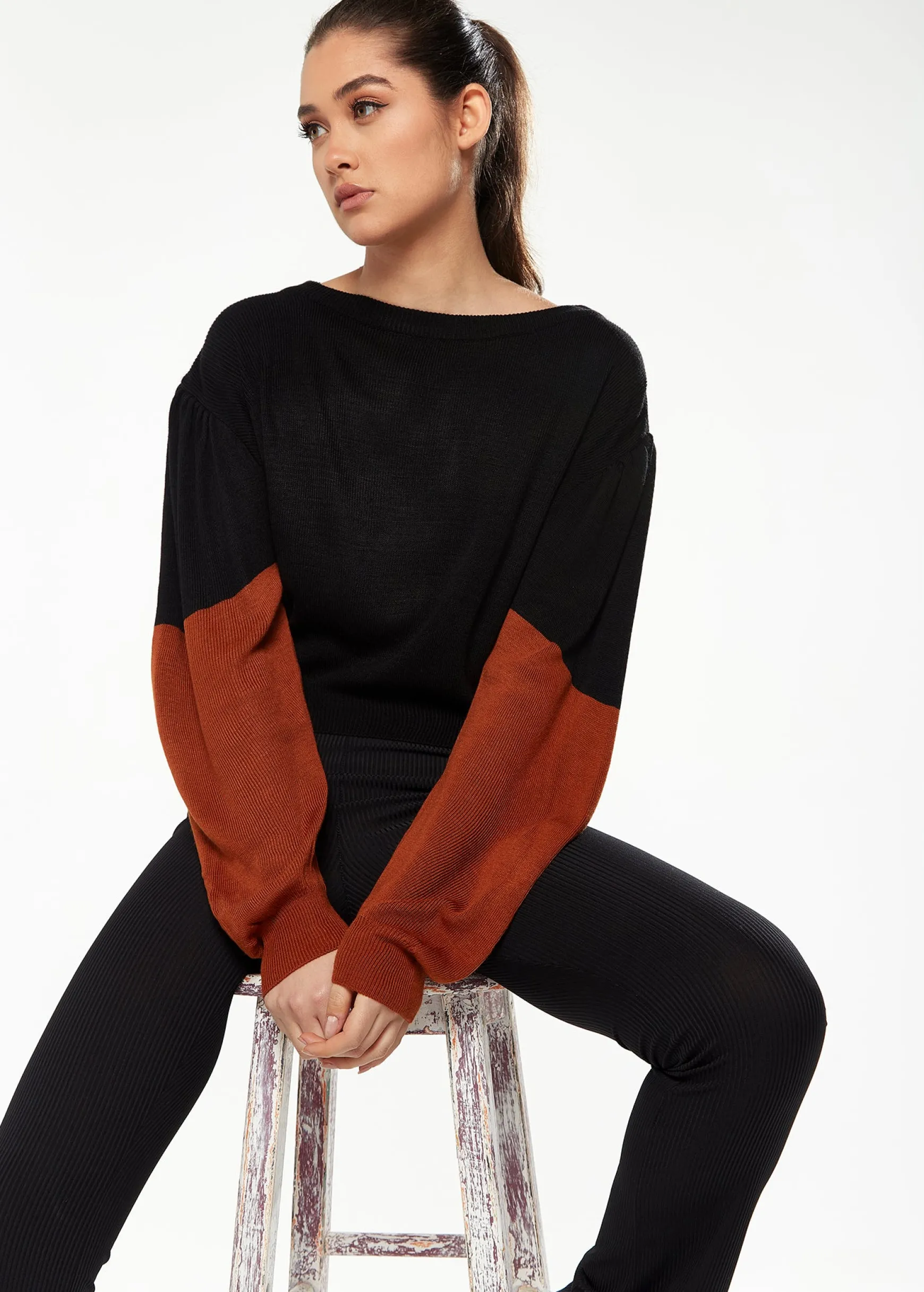 Women's Jumper in Black with Brown Contrast Balloon Sleeves, Cropped Length - Liquorish