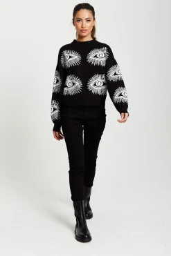 Women's Jumper in Black with Long Sleeves and Eye Pattern Design by Liquorish